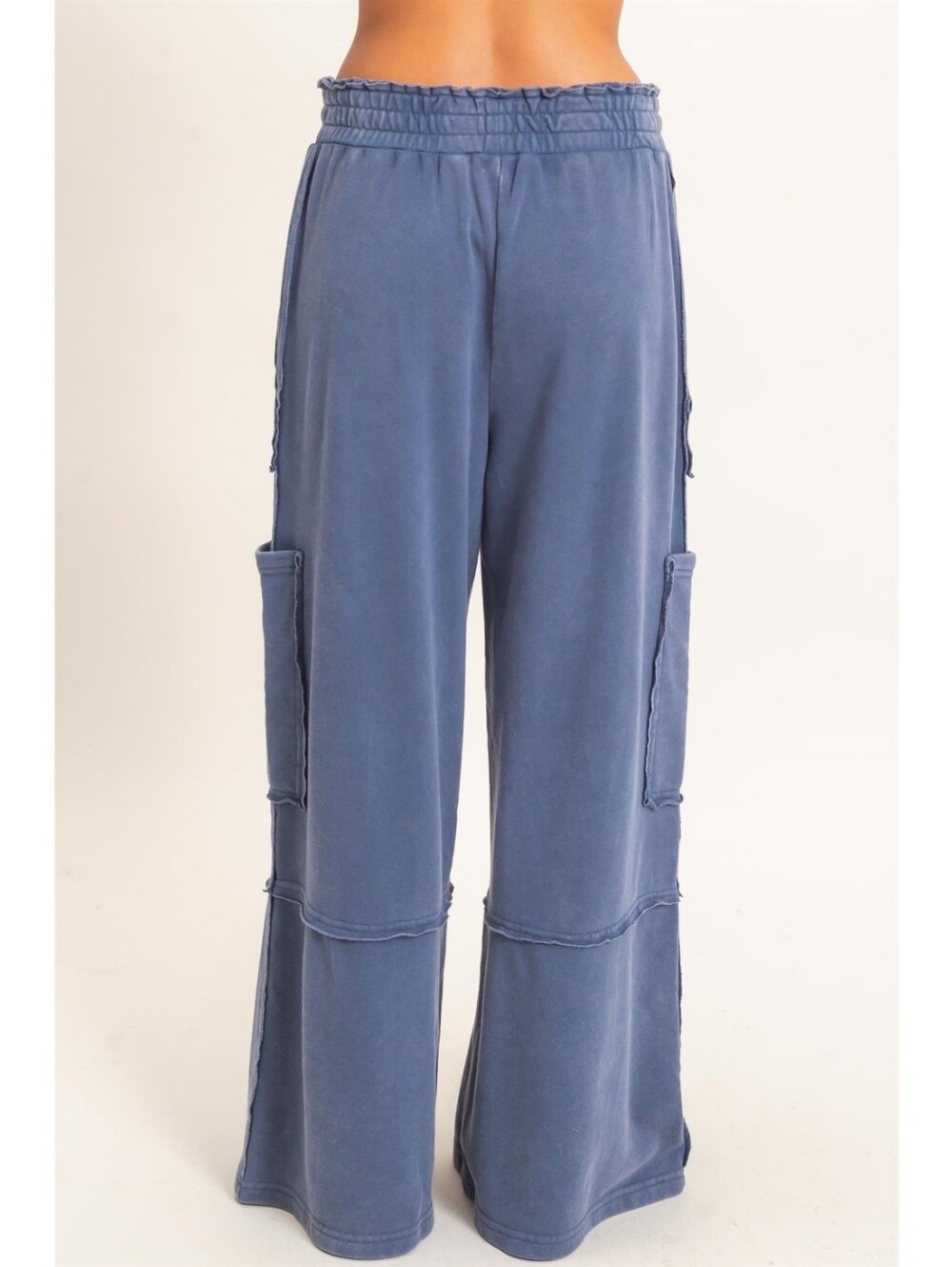 CloudDwellers Navy Blue Mineral Washed Cotton Blend Wide Leg Cargo Sweatpants - Picture 4 of 5